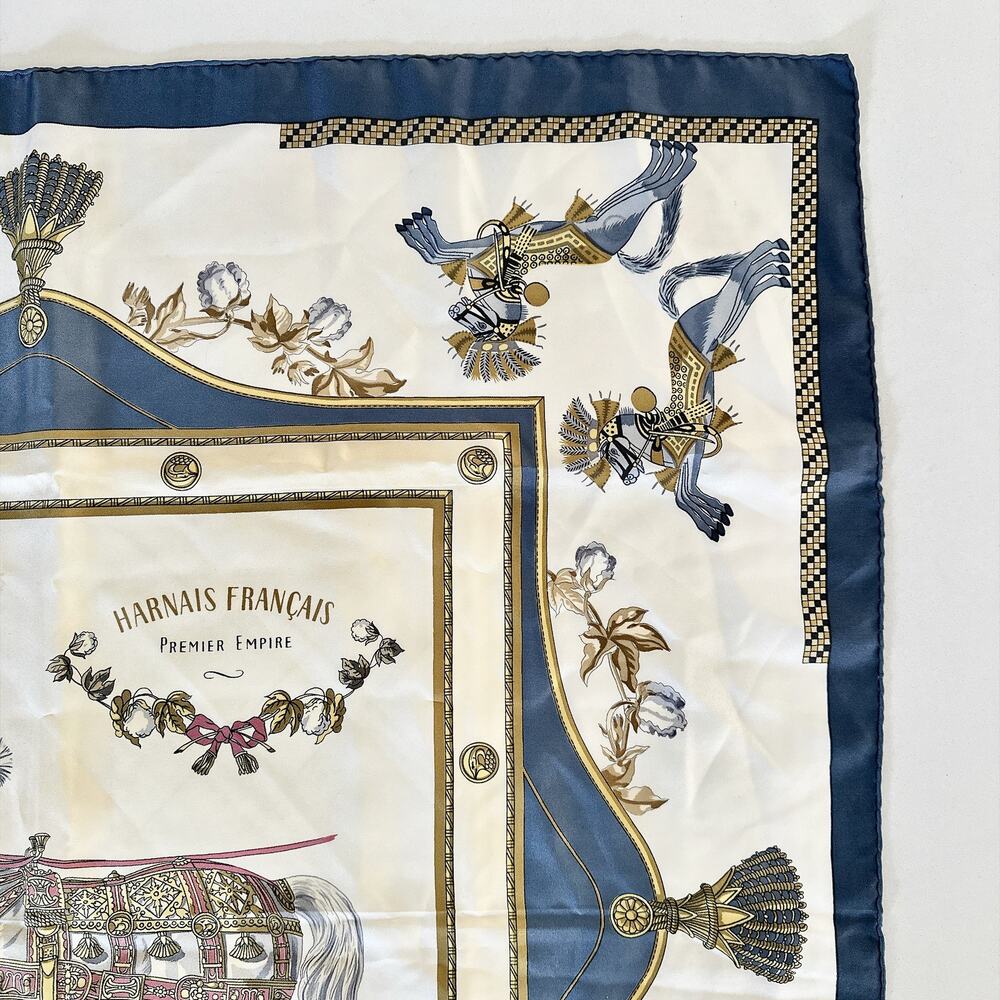 VINTAGE HERMES SCARF HARNAIS FRANCAIS BLUE 100% SILK - Picture 5 of 16